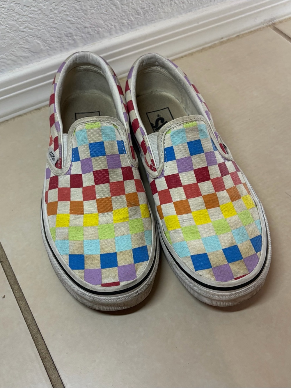 Vans Kids Slip-On Checkerboard Rainbow Canvas Sneakers